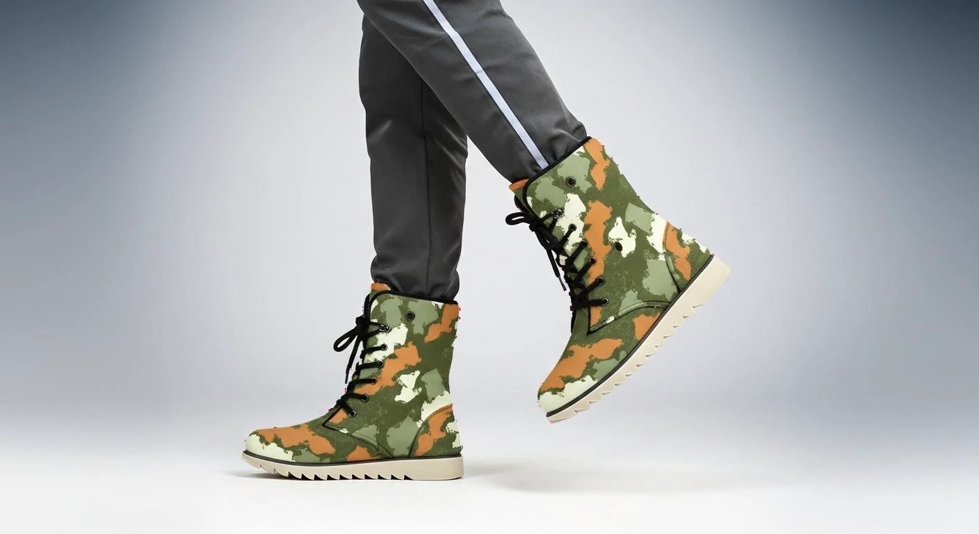 Glitch Camo Combat Boots for Urban Explorers — Concrete Jungle AOP Martin-Style Boots, Plush-Lined Winter Footwear, Alt Fashion, Men's Wearable Art