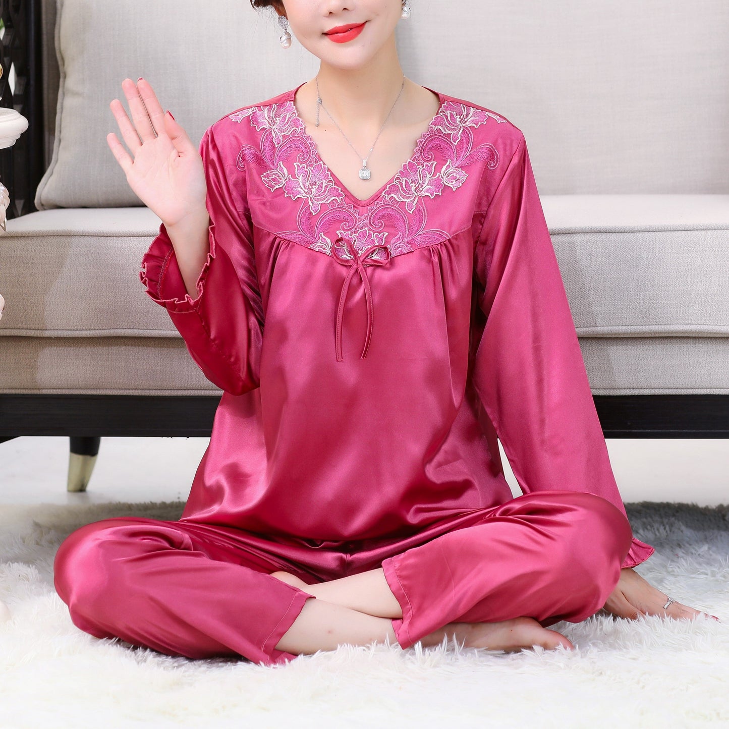 Classic Floral Long Sleeve Satin Pajamas #79003
