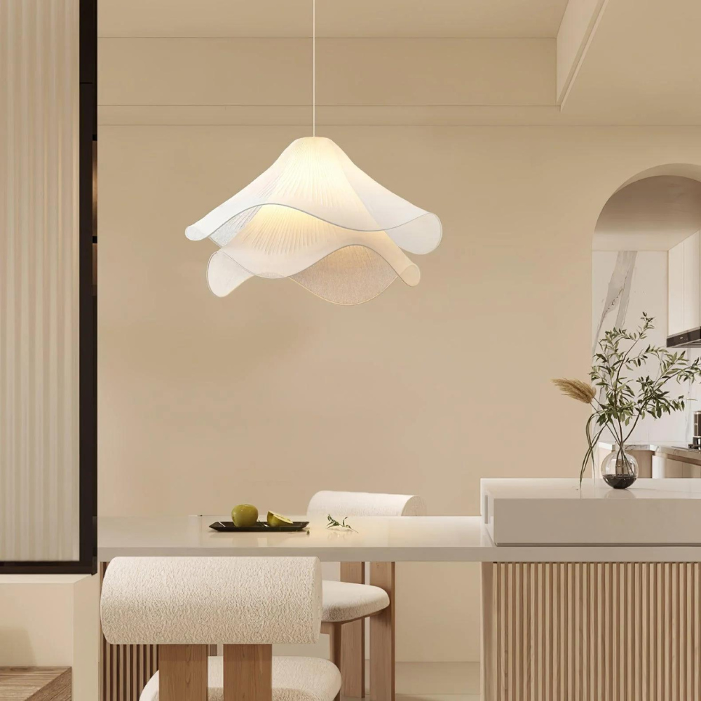 White Japandi Fabric pendant lights LED Light With Wavy Shade