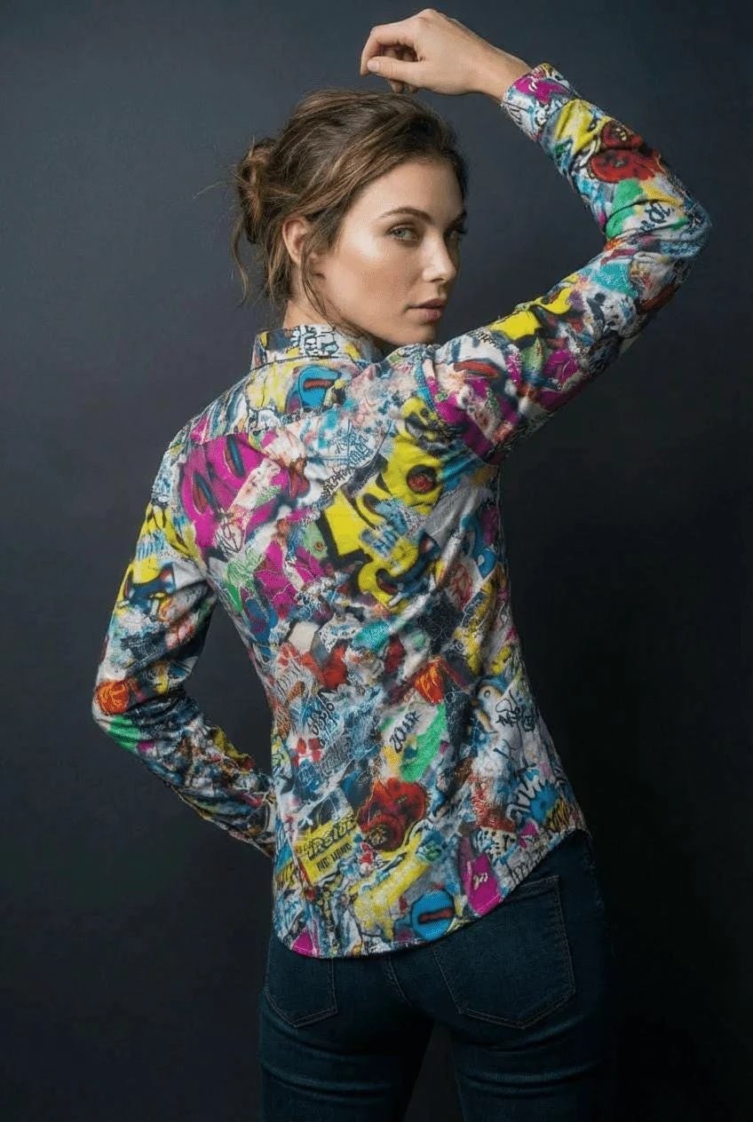 Graffiti Print Cotton Poplin Shirt for Creative Directors and Urban Stylists — Antibacterial AOP Designer Workwear, Smart-Casual Street Art Statement