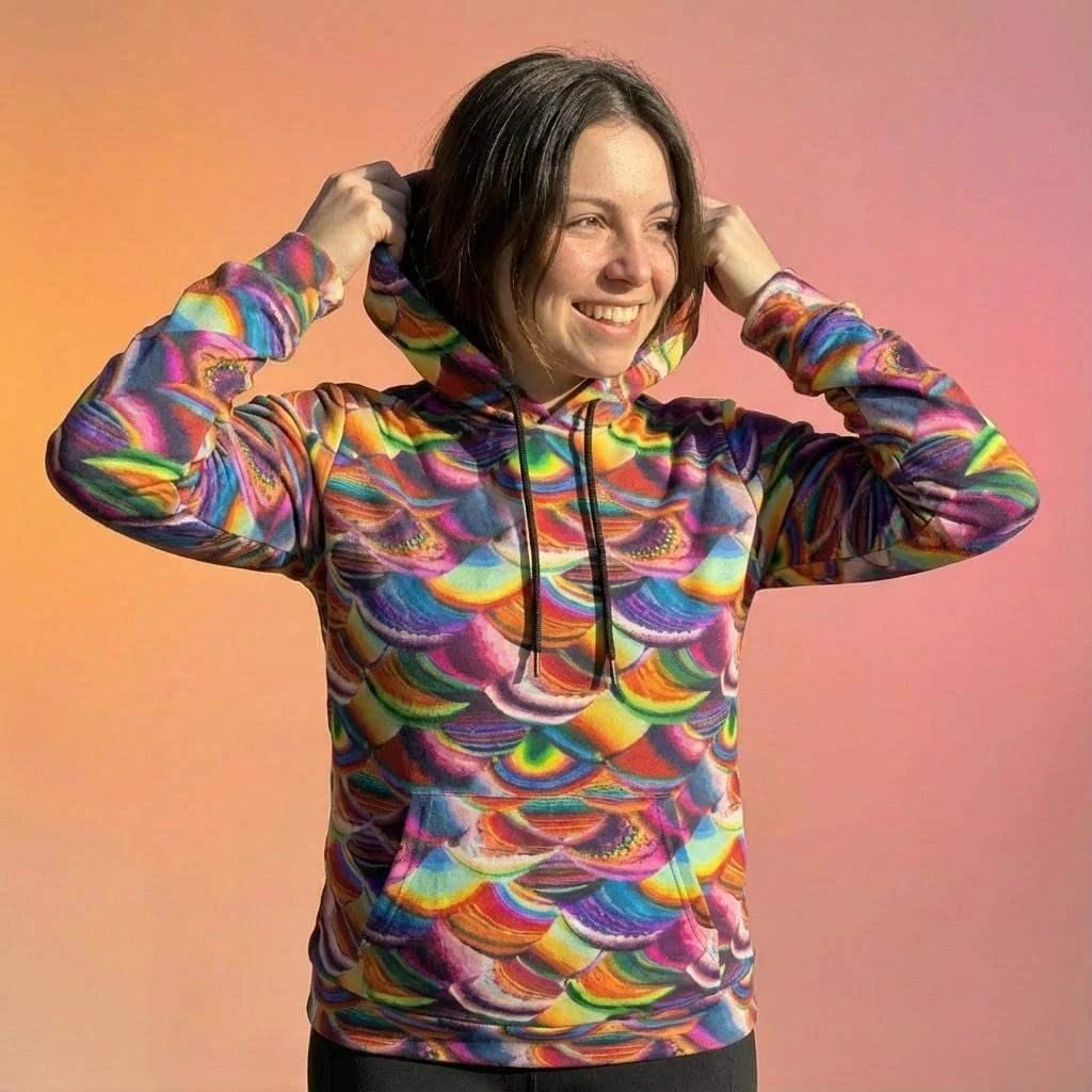 Prismatic Dragon Scale Athletic Hoodie for Fantasy and Bold Fitness Dressers — Rainbow AOP Maximalist Activewear