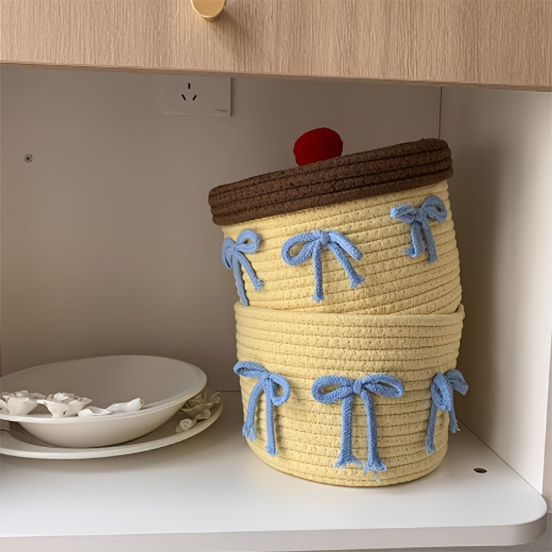 Hand Woven Round Yellow Cute Thread Woven Storage Basket - DIVH