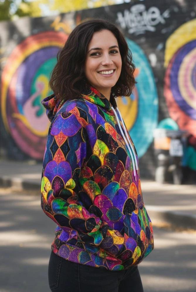 Rainbow Fish Primal Print Hoodie - Vibrant Aquatic Art Sweatshirt for Bold Streetwear