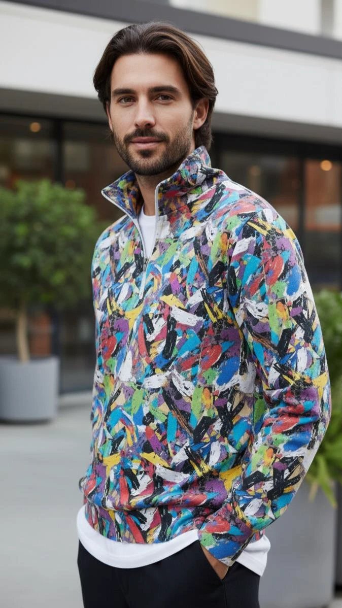 Digital Impasto Paint Stroke Half-Zip for Fine Artists and Curators — 310gsm 100% Cotton Premium Pullover, Stand-Up Collar Art Statement
