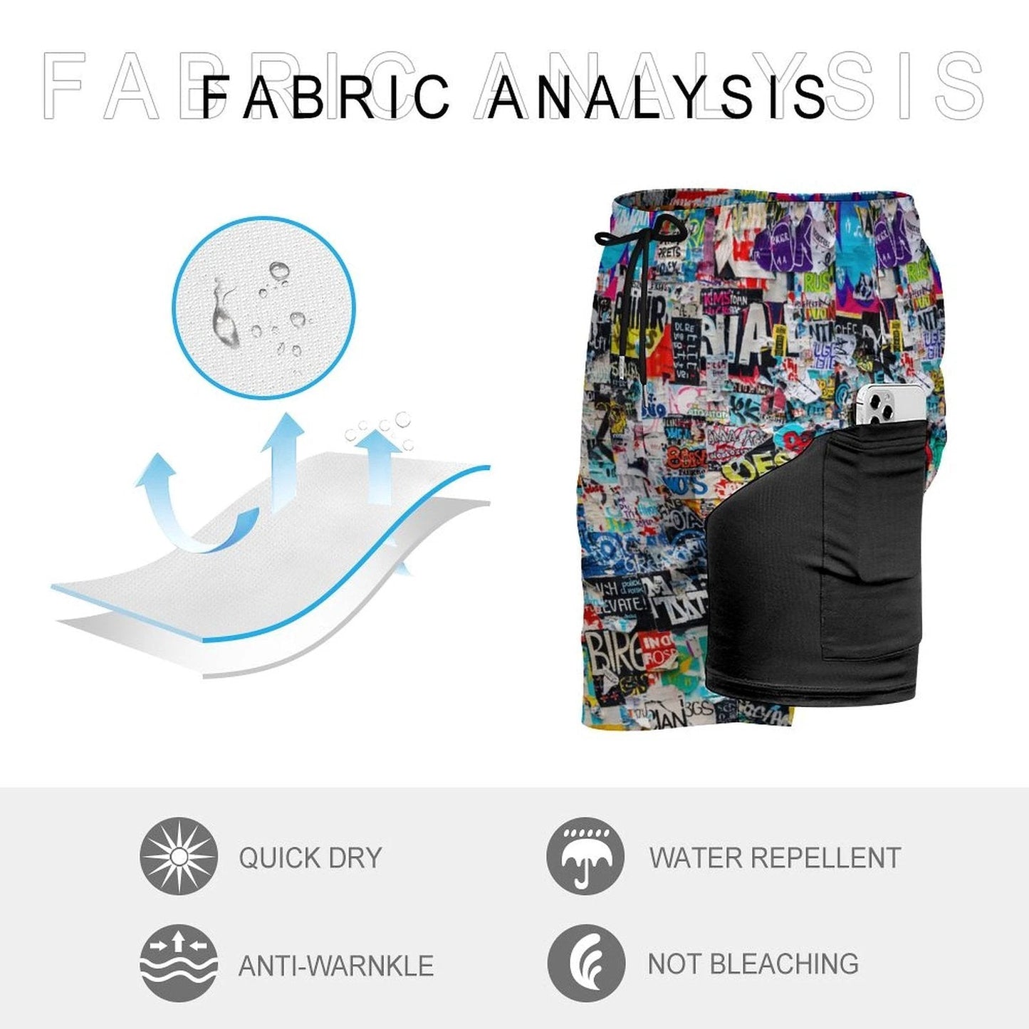 Sticker Bomb Beach Shorts with 4 Pockets — Street Collage AOP Swim-Ready Summer Shorts