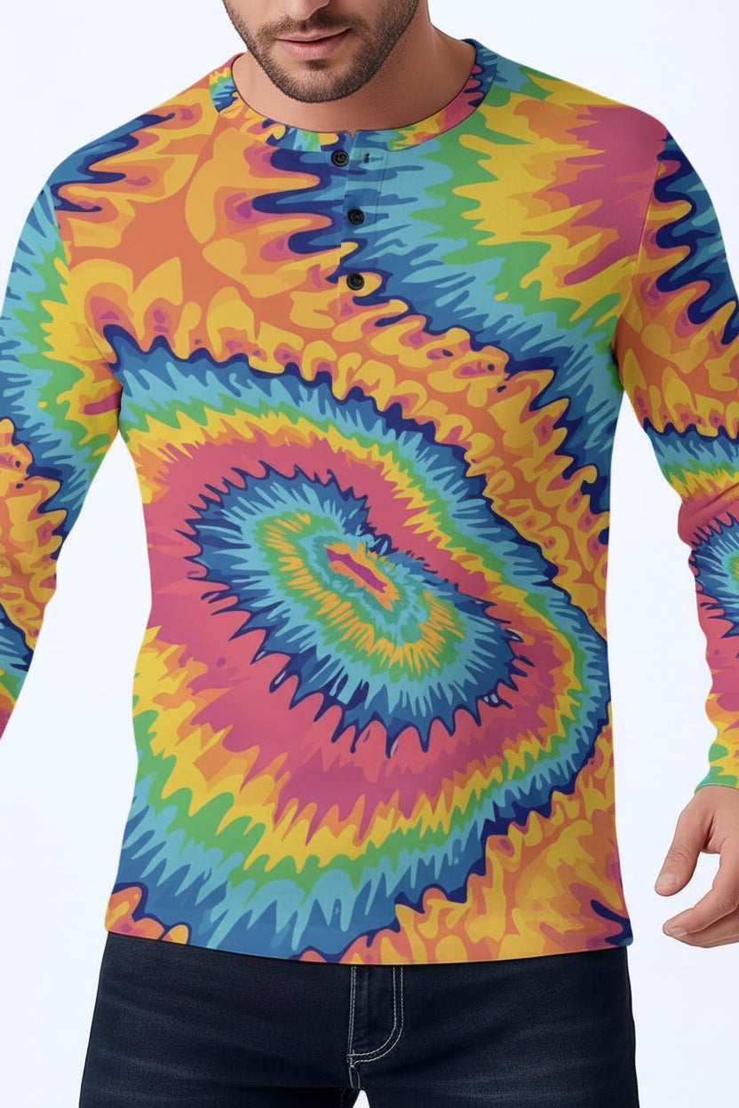 Chaos Core Henley for Trippy Maximalists — Acid Marble AOP Long Sleeve, Psychedelic Streetwear Top, Y2K Alt Fashion Statement, Men's Bold Print Henley
