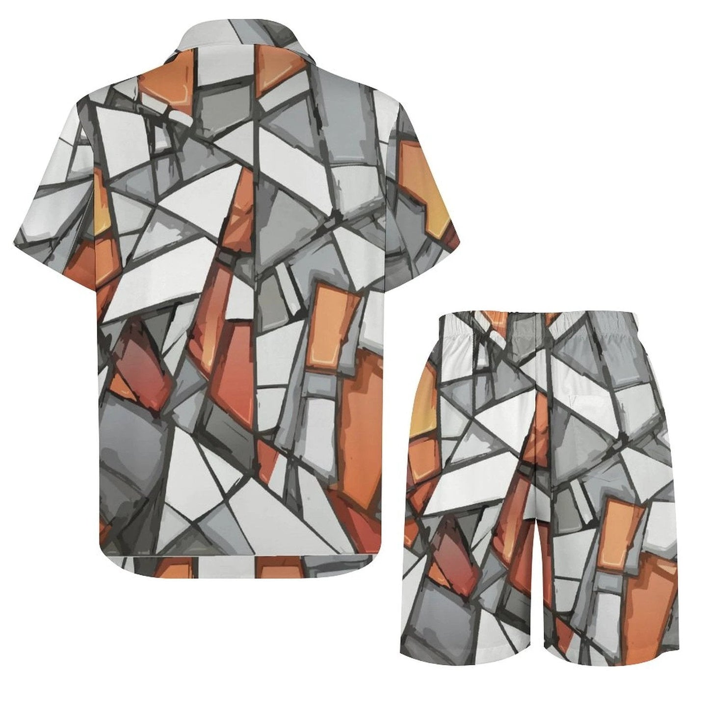 Shattered Mosaic Shirt & Shorts Set — Stone & Amber Fragment AOP Matching Two-Piece Summer Fit