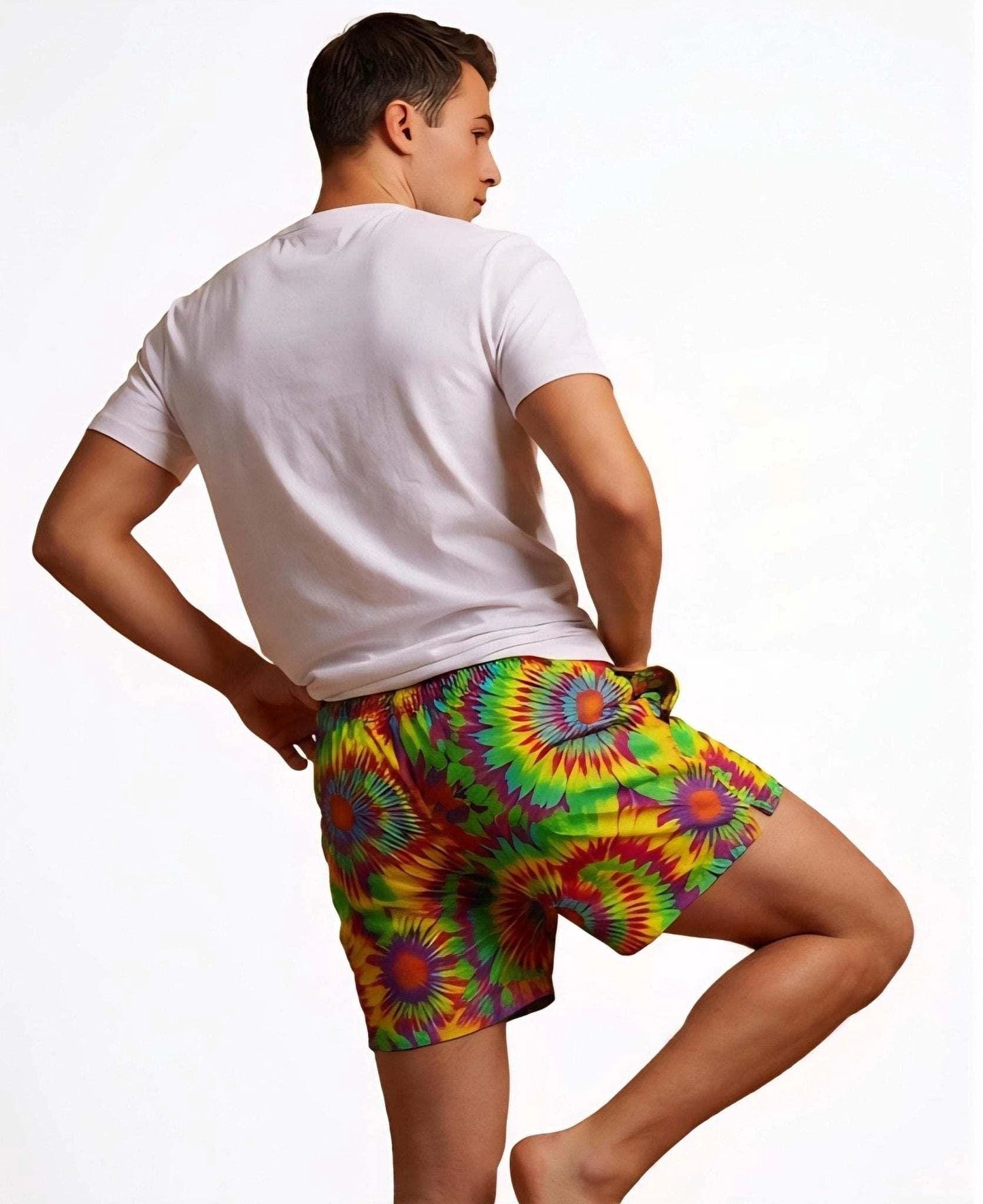 Neon Radial Burst Athletic Shorts for Rave Fitness and Yoga Dressers — Vibrant Psychedelic AOP Swim Trunks, Bold Festival Pool Party Bottoms