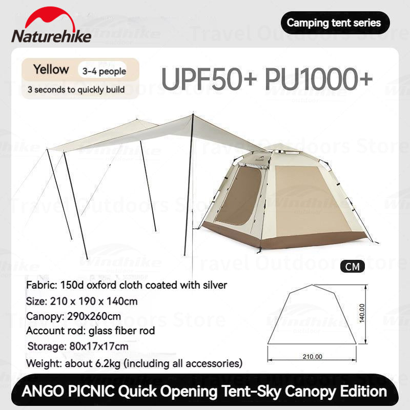 Naturehike ANGO 3 Picnic Quick Opening Tent 3-4 Persons Automatic Easy to Set Up Large Space Luxury Sunshade Family Camping Highly Durable Rainproof Canopy Tent