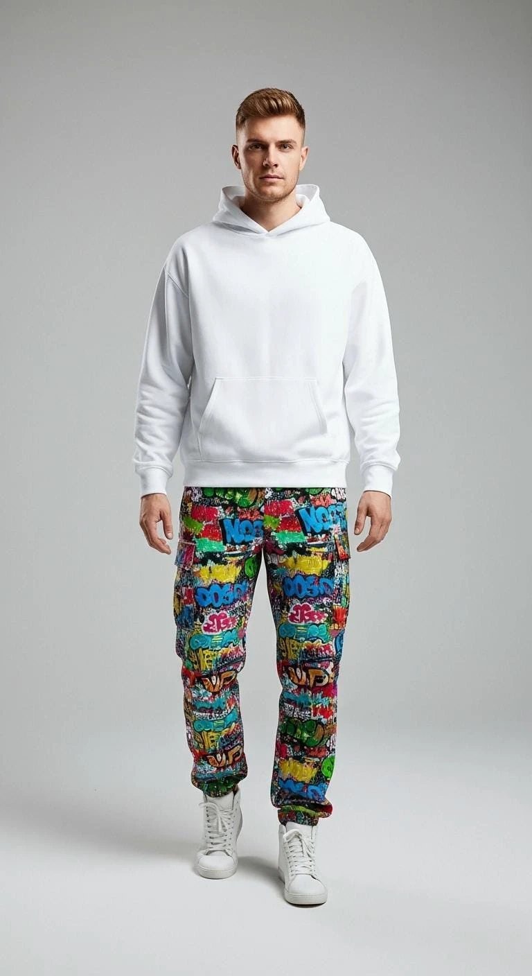 Graffiti AOP Cargo Pants for Urban Explorers — Abstract Splatter Utility Trousers, Cybercore Streetwear Bottoms, Festival Rave Pants