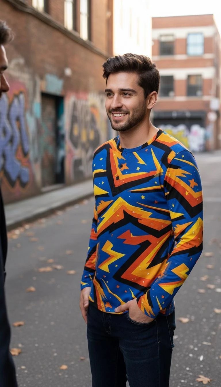 Men's Lightning AOP Henley Shirt for Maximalist Cyberpunk Streetwear Dressers — Long Sleeve Bold Print Statement Top