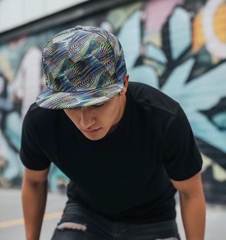 Main Character Flat Brim for Streetwear Collectors — Fractal Art AOP Snapback, Psychedelic Festival Cap, Alt Fashion Headwear, Moss Teal Ochre Print