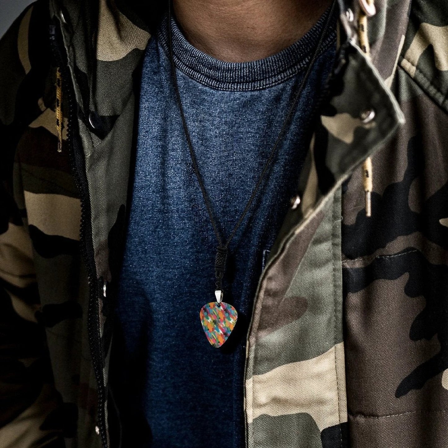 Painted Camo Guitar Pick Necklace — Multicolor Brush-Dab Pendant for Music Heads