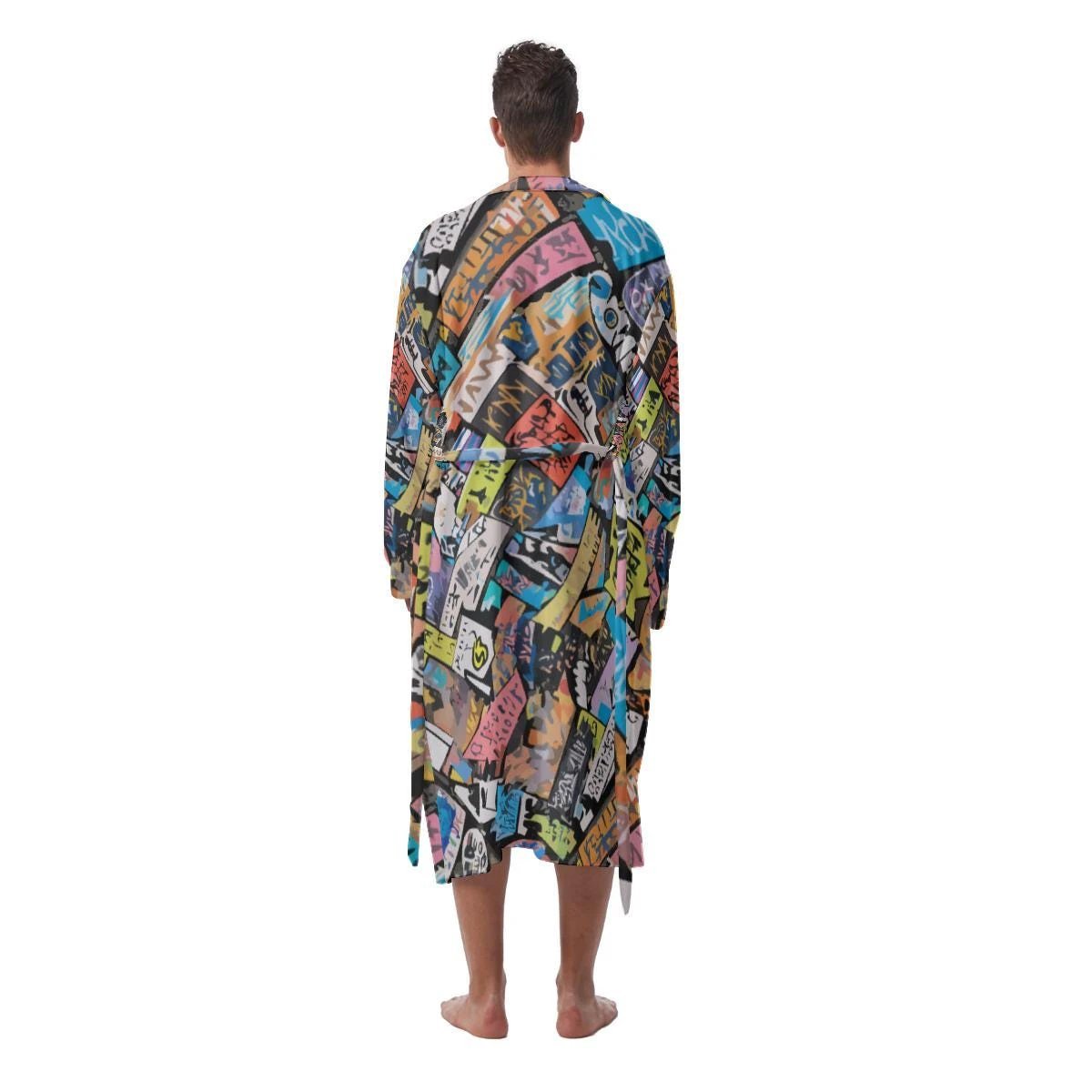 Graffiti Tag Kimono Robe — Neon Street Art AOP, Fur-Lined Duster