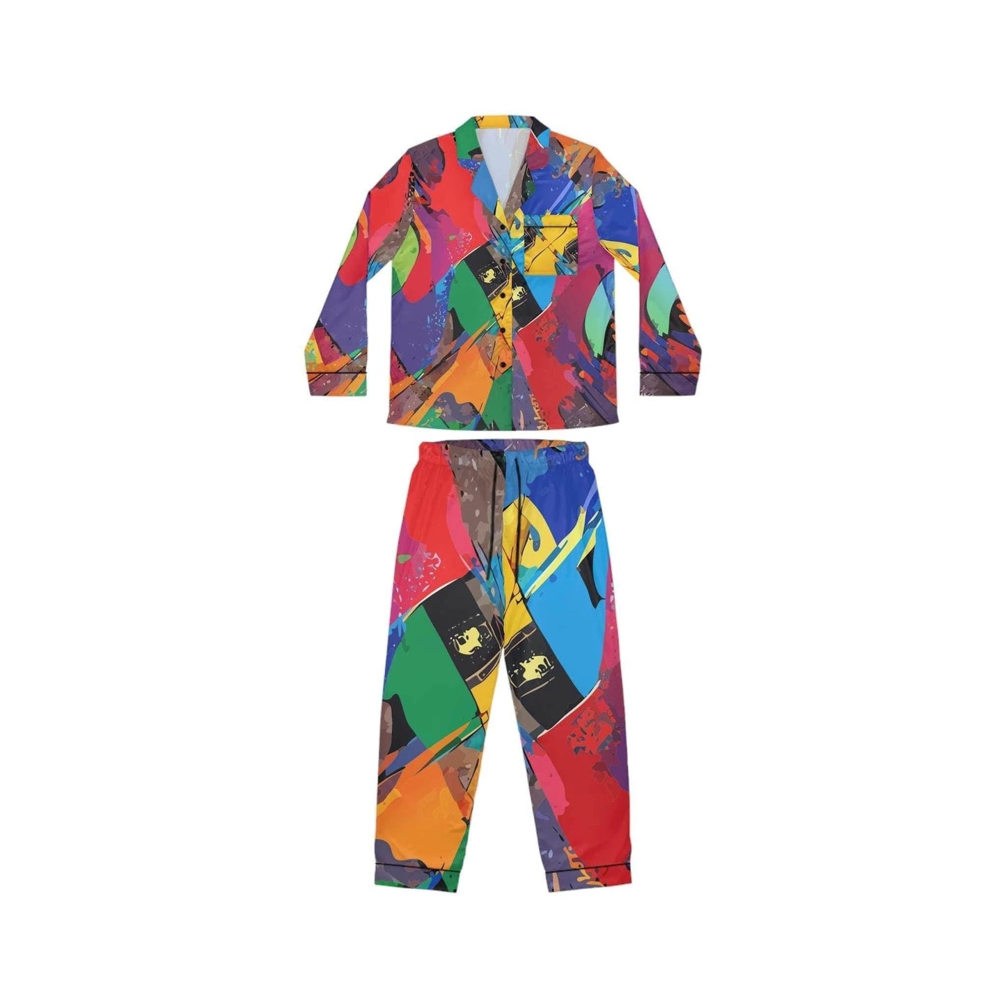 Vibrant Abstract Satin Pajama Set - Luxury All-Over Print Loungewear for Bold Sleepwear