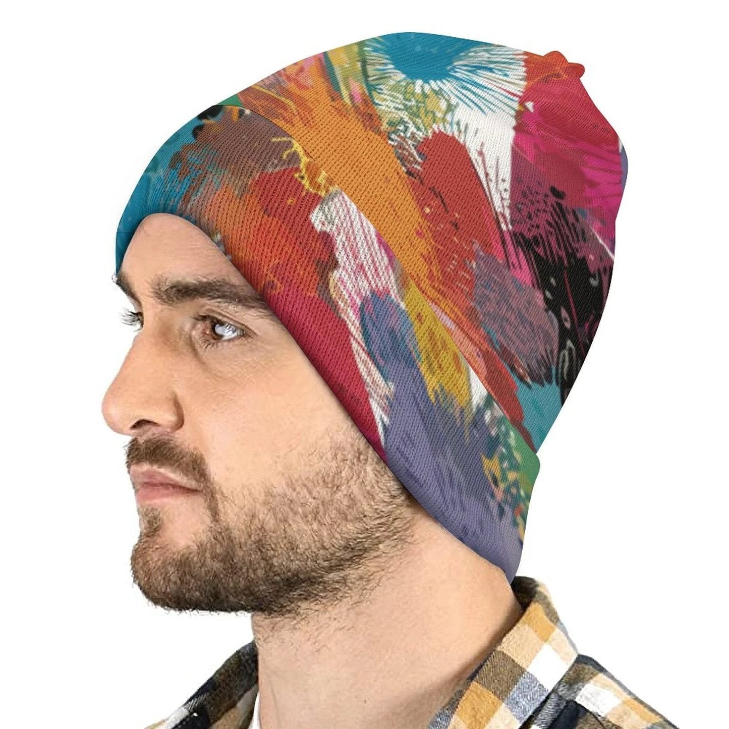 Paint Smear Knit Beanie — Crimson & Teal Brushstroke AOP Winter Hat, Loud Cold-Weather Accessory