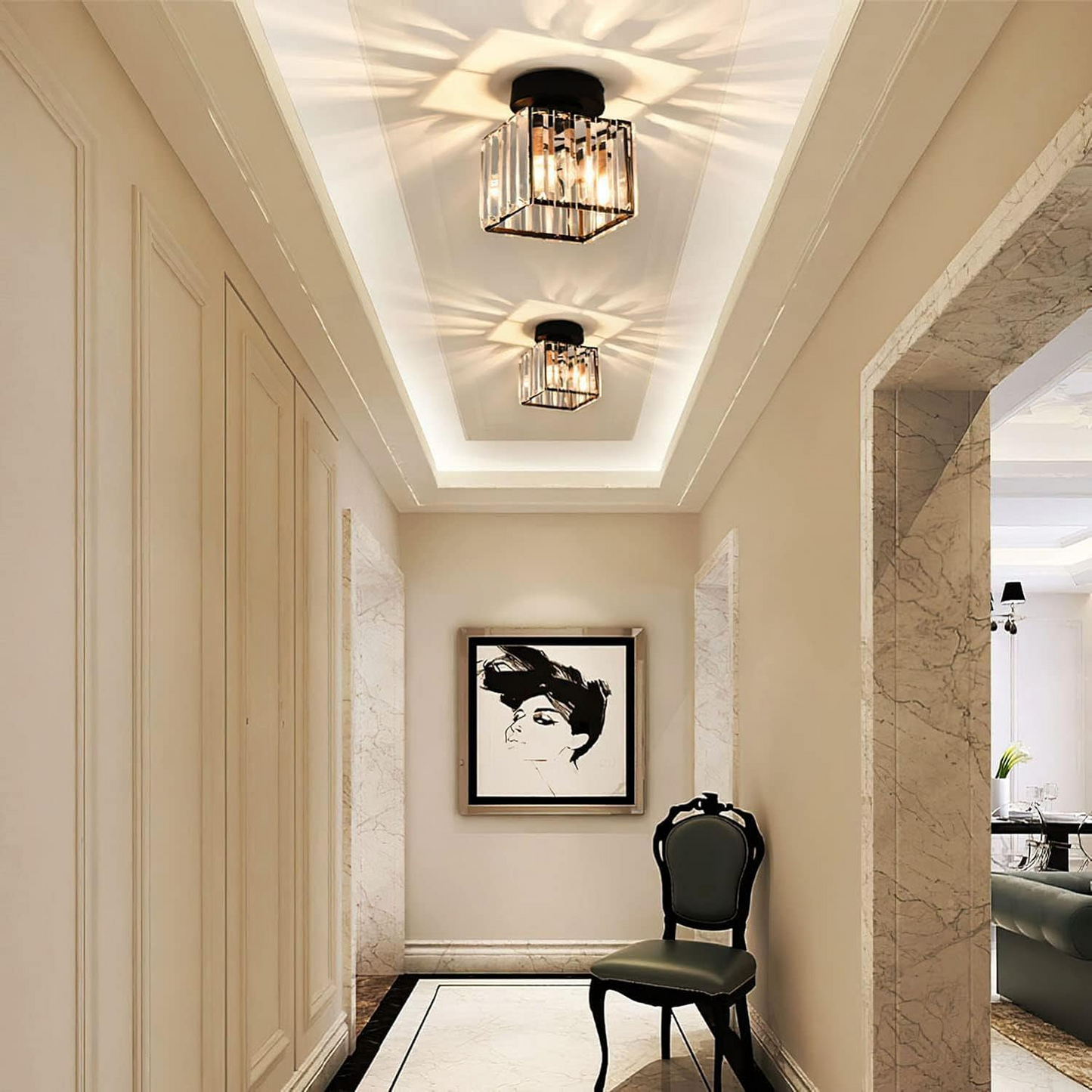1-Light Flush Mount K9 Crystal Glass Hallway Ceiling Light