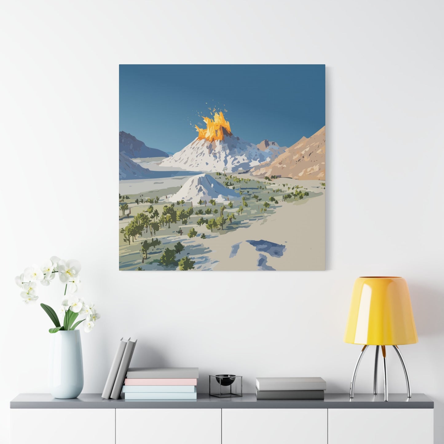 Tropical Volcano Eruption Canvas Wall Art | Stylized National-Park Vector Print on FSC-Certified Stretched Matte Canvas — Mystery Island Decor
