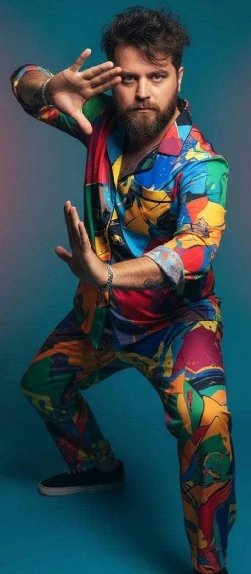 Vibrant Abstract Satin Pajama Set - Luxury All-Over Print Loungewear for Bold Sleepwear