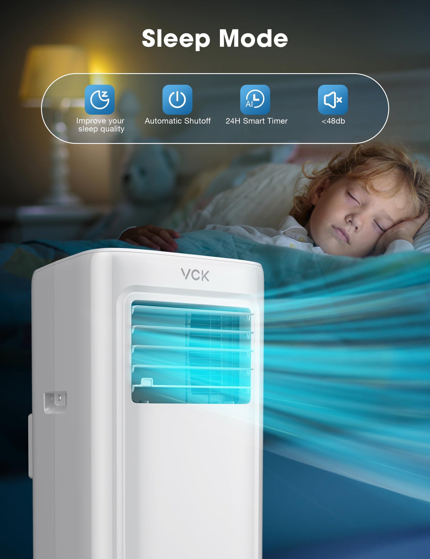 VCK 8000 BTU portable AC, 4-in-1 cooling, fan & dehumidifier, quiet operation, for 350 sq.ft rooms