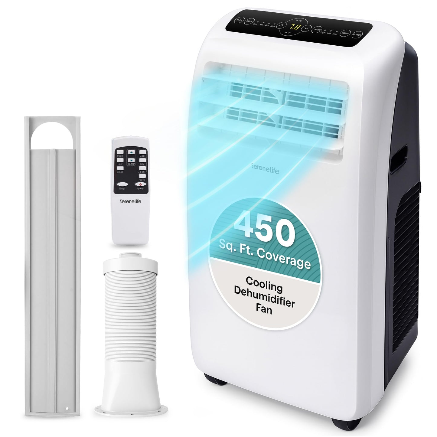 SereneLife 12,000 BTU portable AC, built-in dehumidifier, remote control, for rooms up to 550 sq.ft