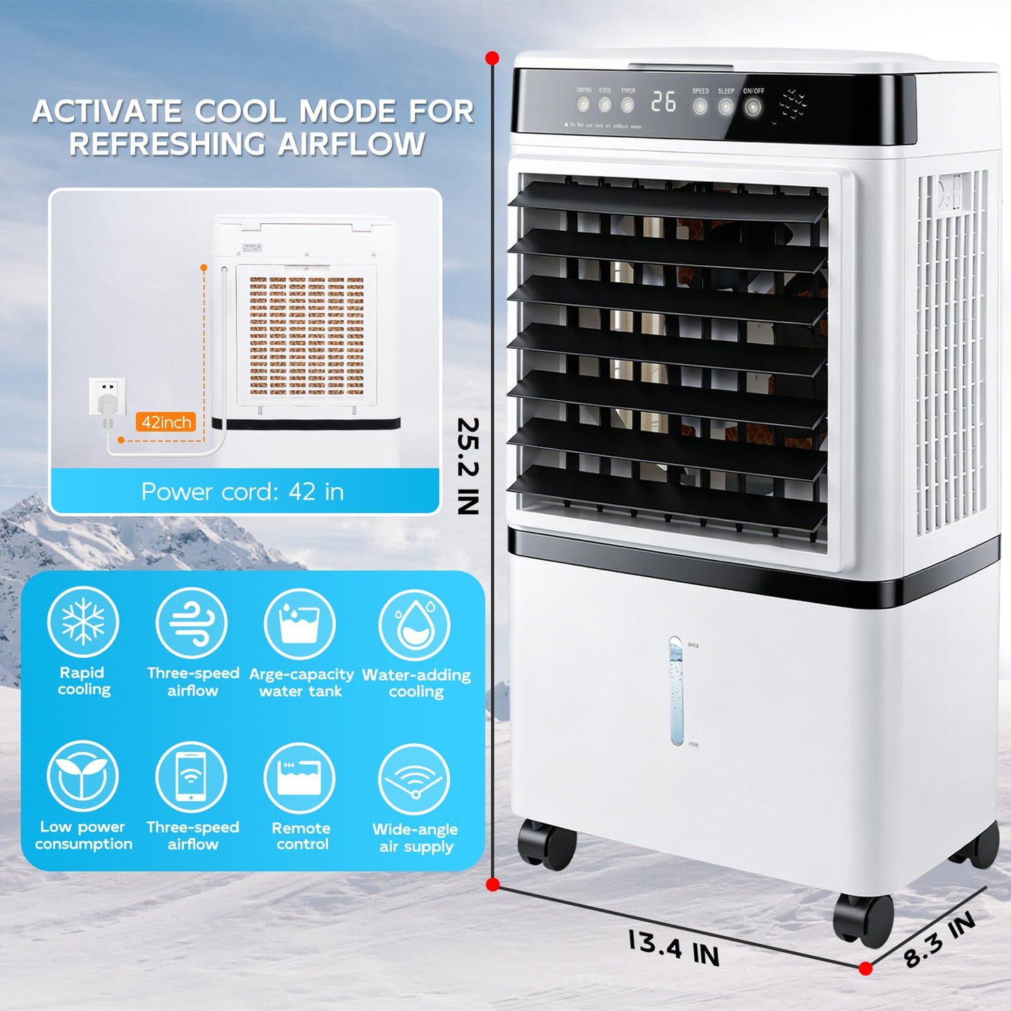 Portable evaporative air cooler, remote control, 4-gal tank, oscillation, for 250 sq.ft rooms