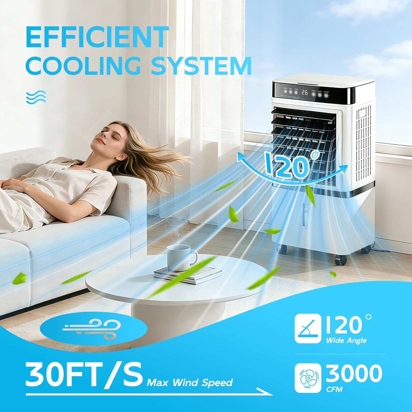 Portable evaporative air cooler, remote control, 4-gal tank, oscillation, for 250 sq.ft rooms