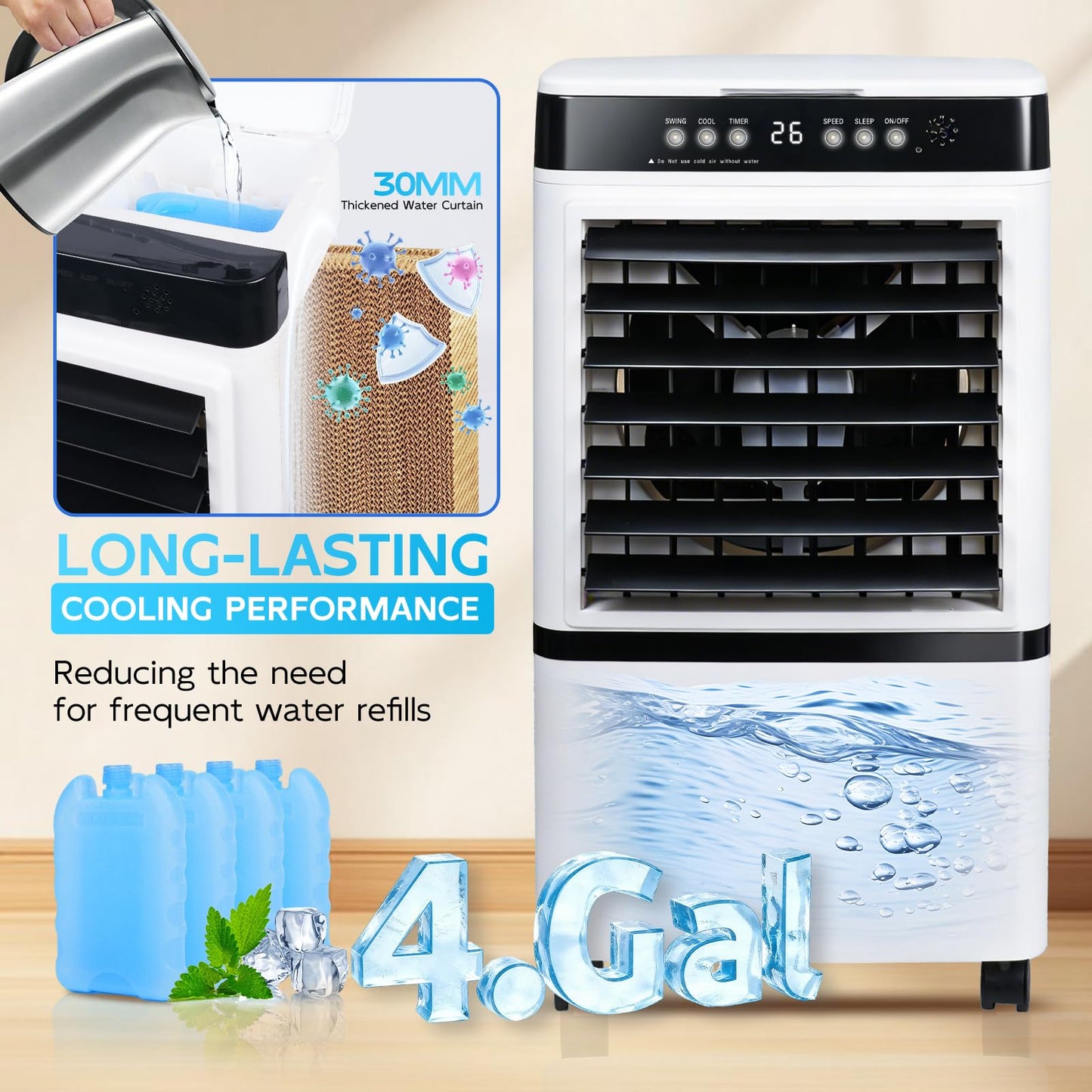 Portable evaporative air cooler, remote control, 4-gal tank, oscillation, for 250 sq.ft rooms