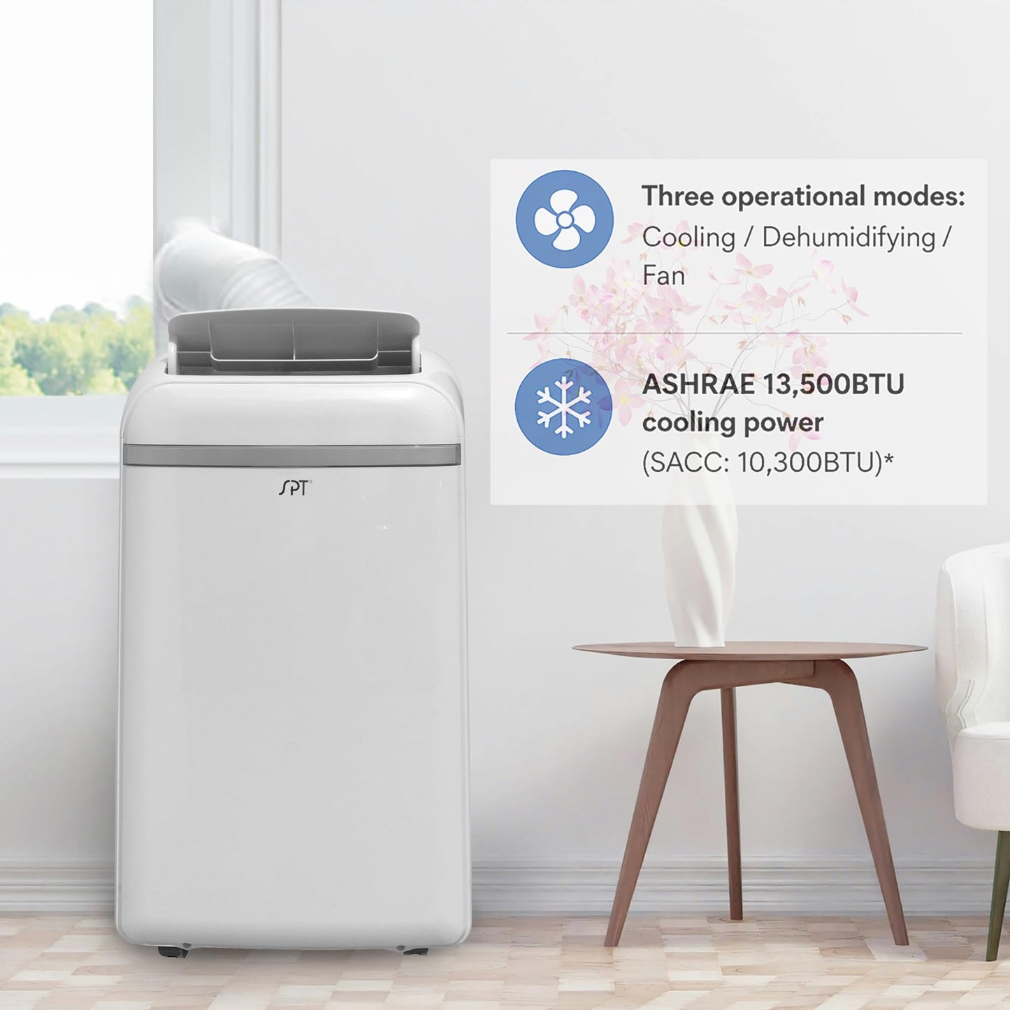 SPT 13,500 BTU portable AC, cooling/dehumidifier/fan, remote control, for 300–350 sq.ft rooms