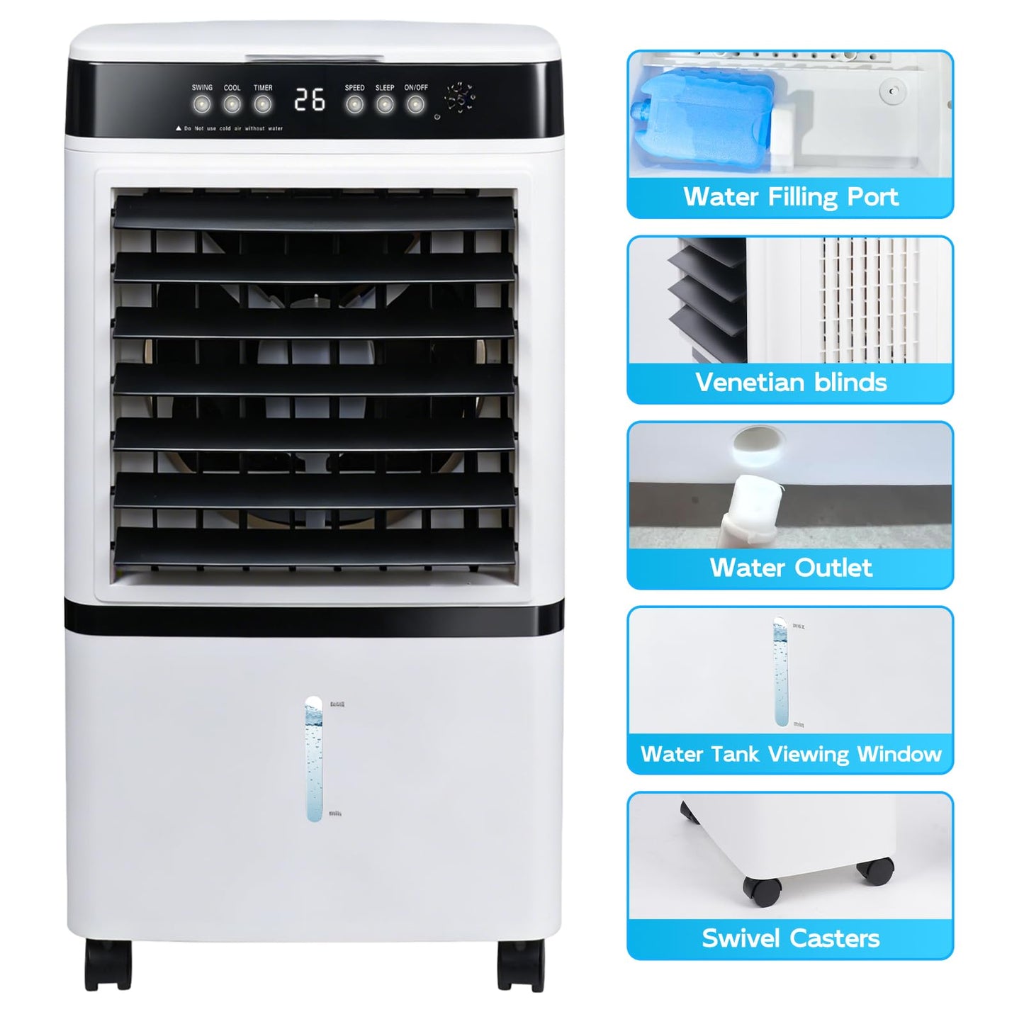 Portable evaporative air cooler, remote control, 4-gal tank, oscillation, for 250 sq.ft rooms