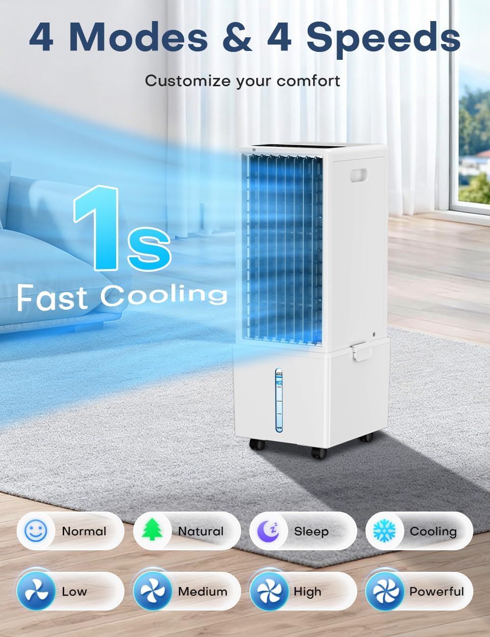 BIGOOSE 4-in-1 windowless air cooler, dual water tanks, timer, remote & touch controls