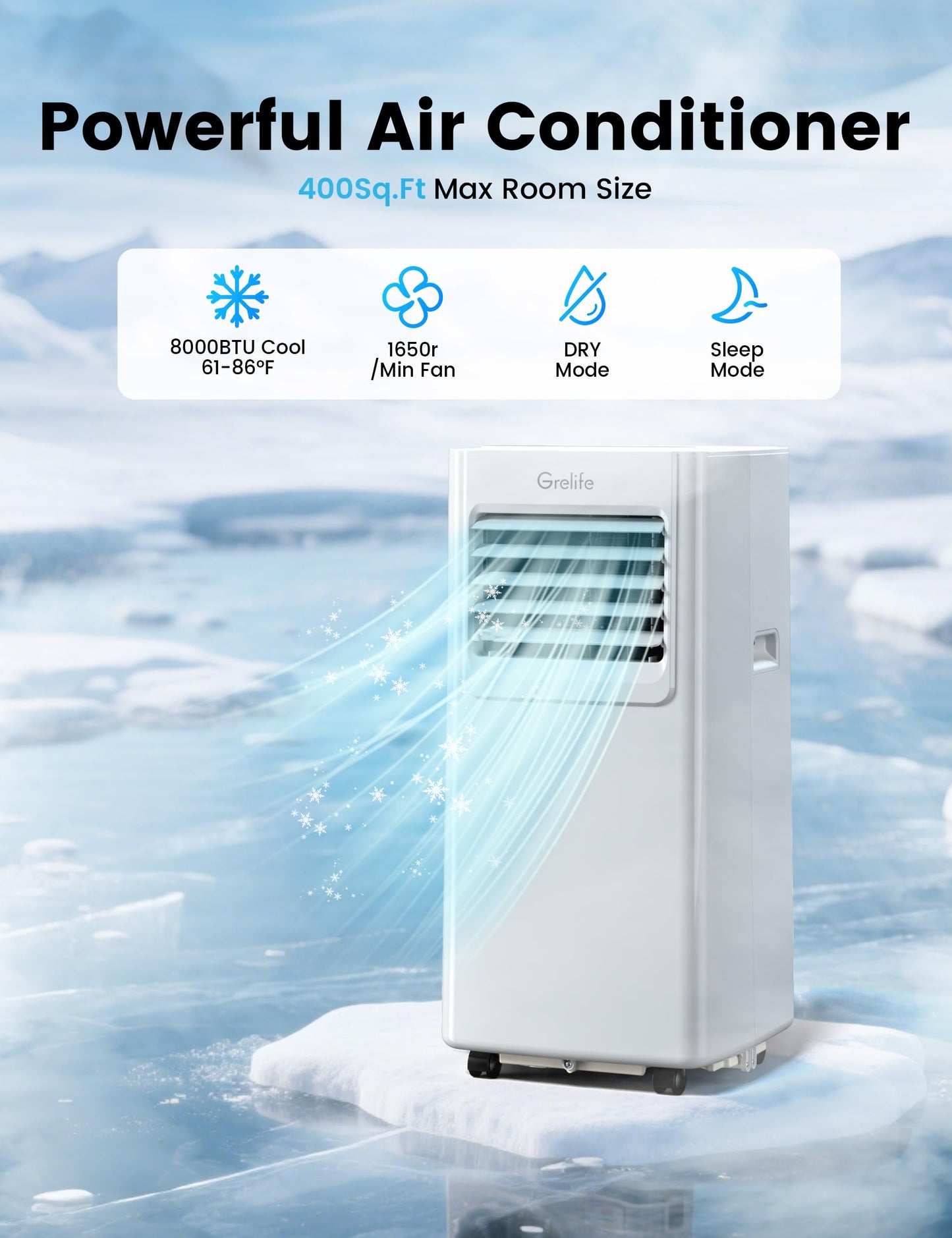 Grelife portable AC, fan & dehumidifier, smart/sleep modes, ultra-quiet 48dB, for 400 sq.ft rooms