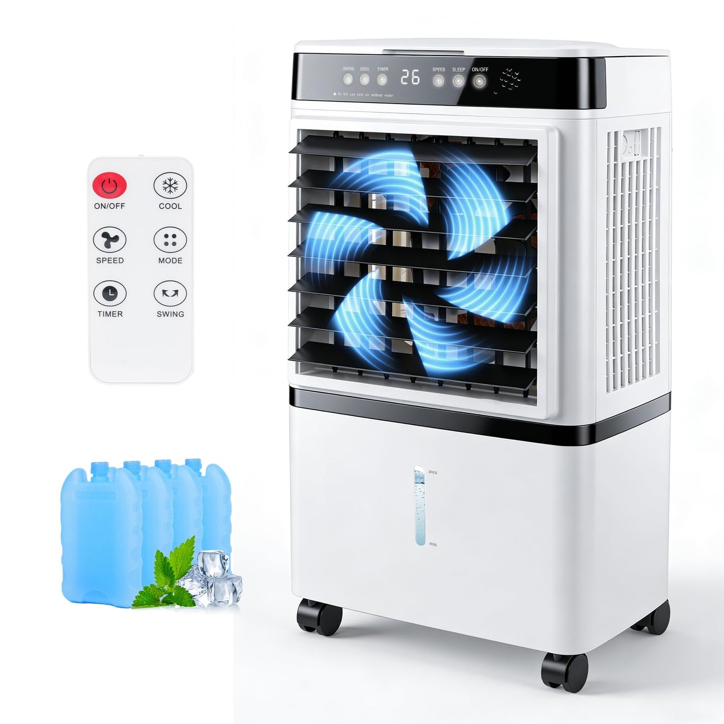 Portable evaporative air cooler, remote control, 4-gal tank, oscillation, for 250 sq.ft rooms