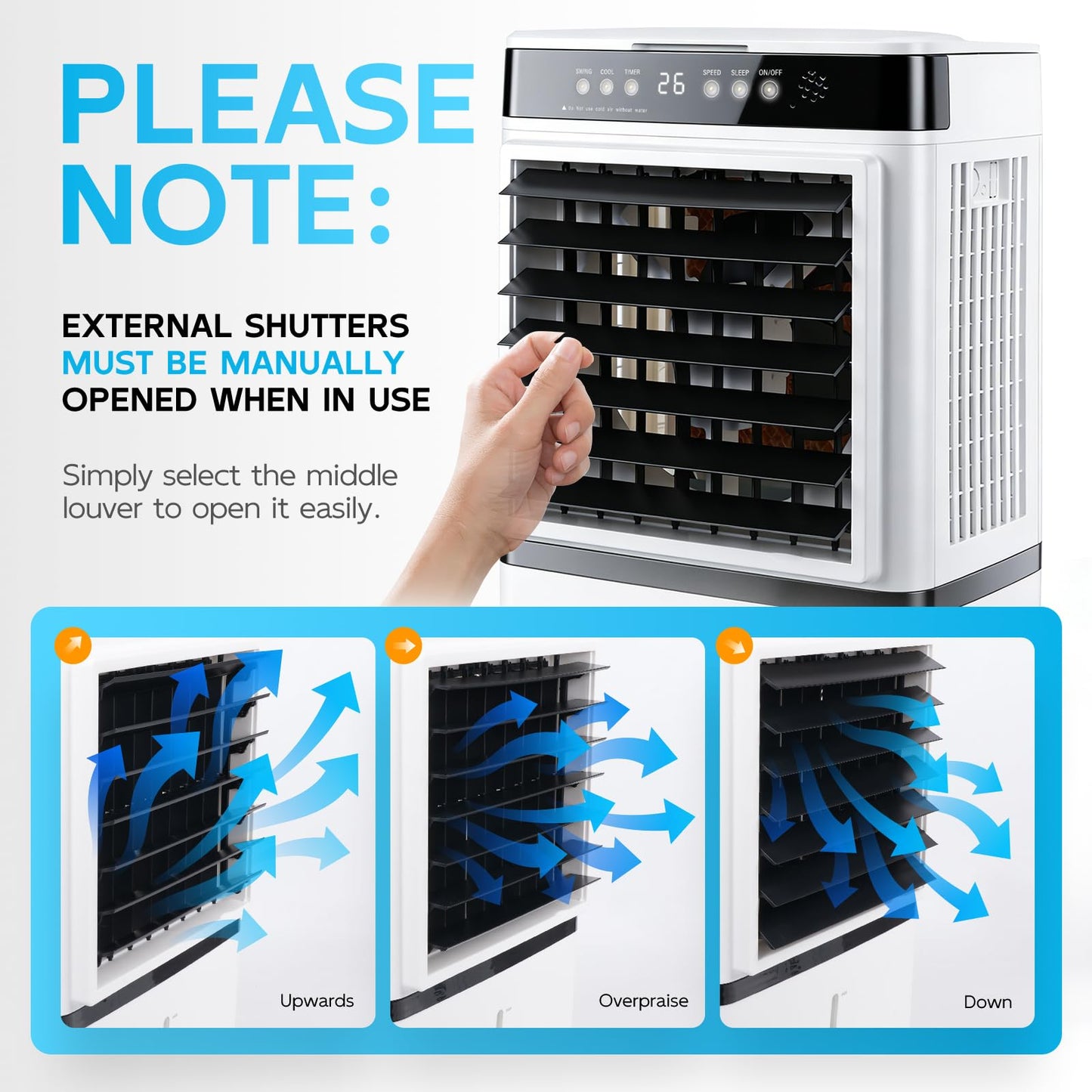 Portable evaporative air cooler, remote control, 4-gal tank, oscillation, for 250 sq.ft rooms