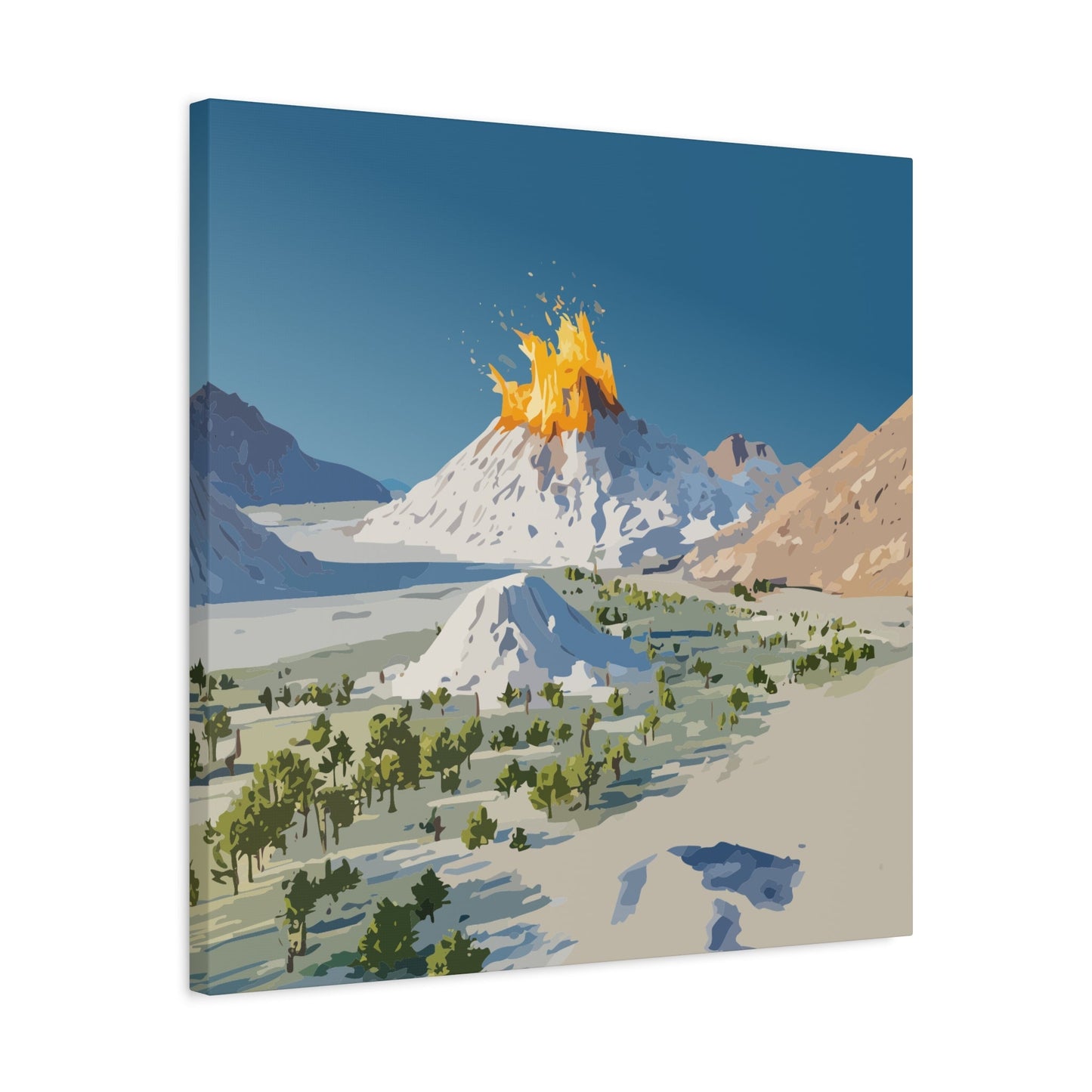 Tropical Volcano Eruption Canvas Wall Art | Stylized National-Park Vector Print on FSC-Certified Stretched Matte Canvas — Mystery Island Decor