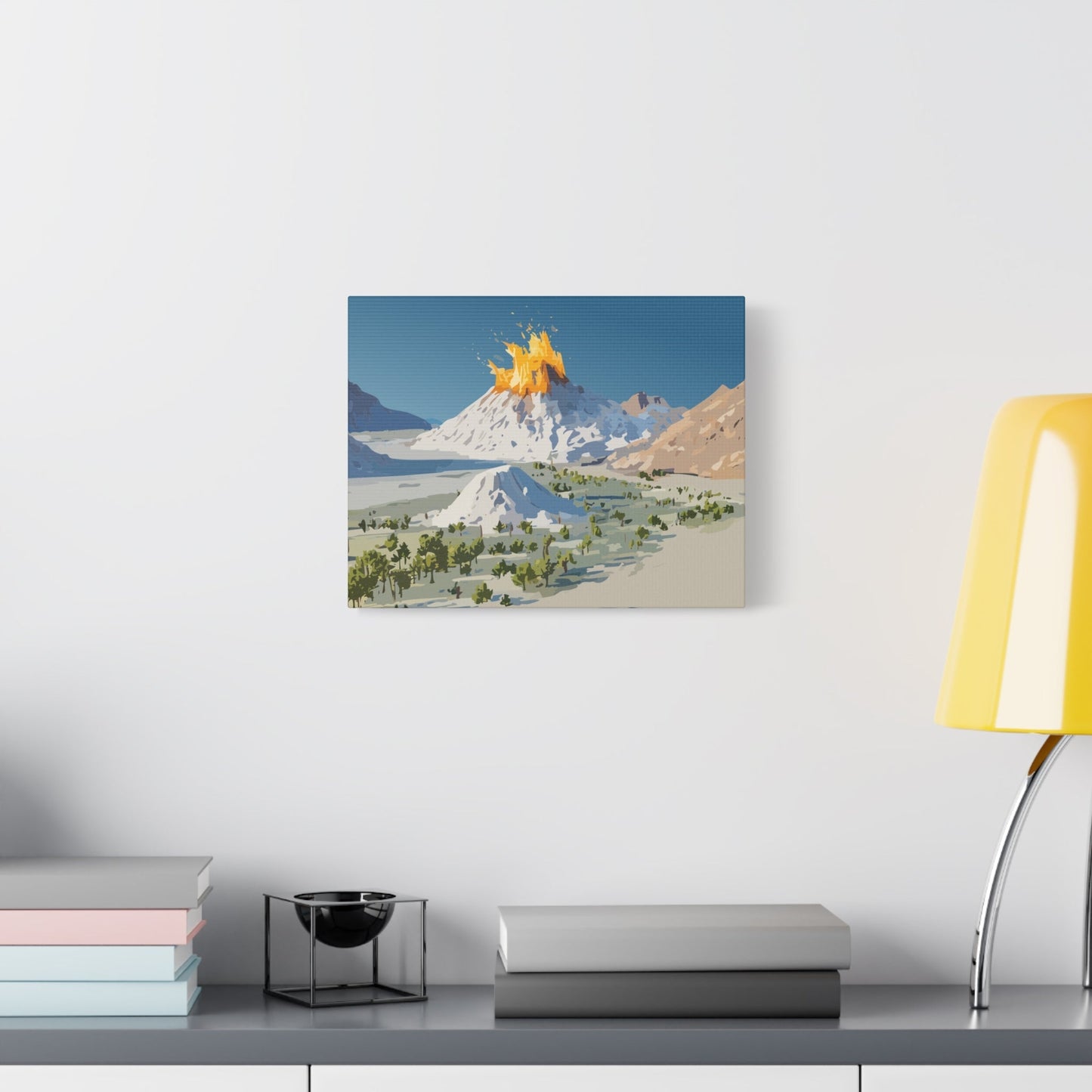 Tropical Volcano Eruption Canvas Wall Art | Stylized National-Park Vector Print on FSC-Certified Stretched Matte Canvas — Mystery Island Decor