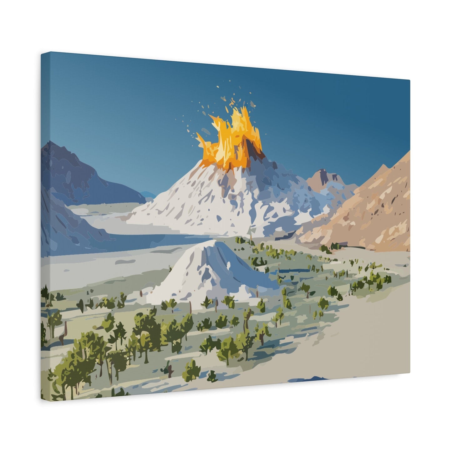 Tropical Volcano Eruption Canvas Wall Art | Stylized National-Park Vector Print on FSC-Certified Stretched Matte Canvas — Mystery Island Decor