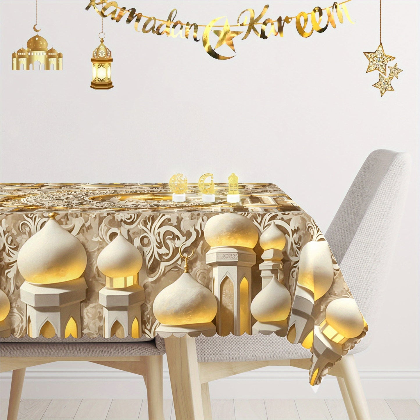 Elegant White Moon & Islamic Architecture Tablecloth TJR9M6D