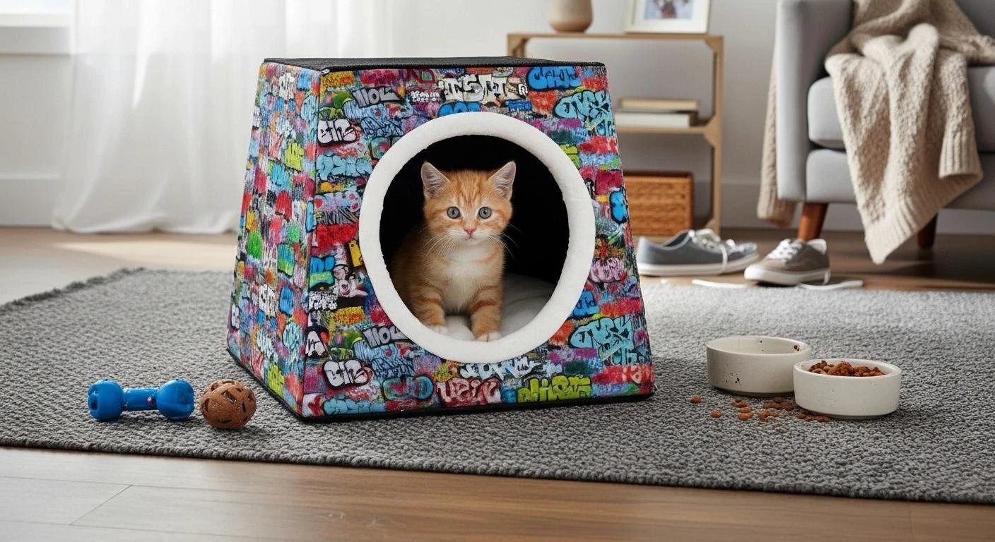 Retro-Futurist Space Capsule Pet Bed - Waterproof Mid-Century Modern Cat House & Designer Puppy Lounge