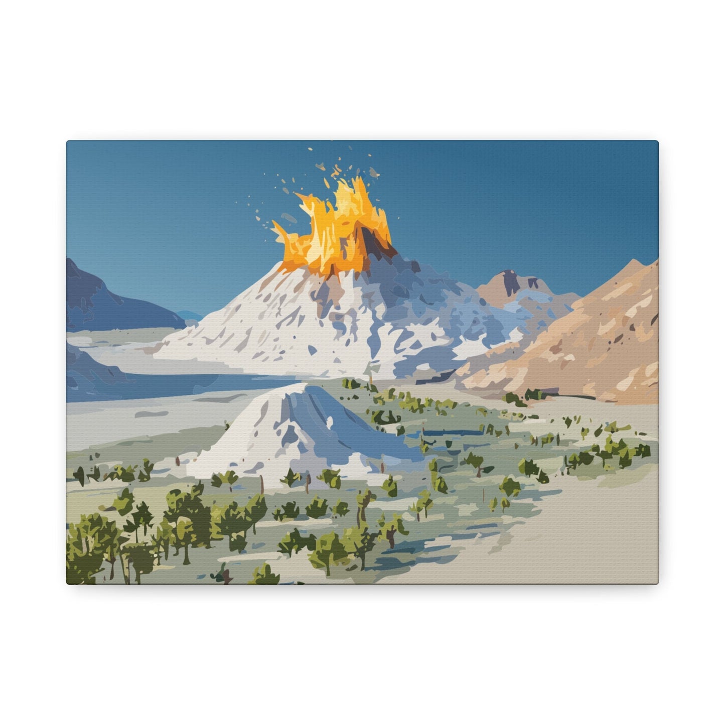 Tropical Volcano Eruption Canvas Wall Art | Stylized National-Park Vector Print on FSC-Certified Stretched Matte Canvas — Mystery Island Decor