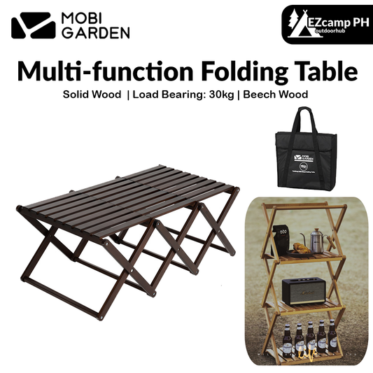Mobi Garden Multi-Function Folding Table Portable Lightweight Solid Wood Storage Table Multi-layer Shelf Rack Foldable Wooden Table 4 Layer Shelves Outdoor Camping