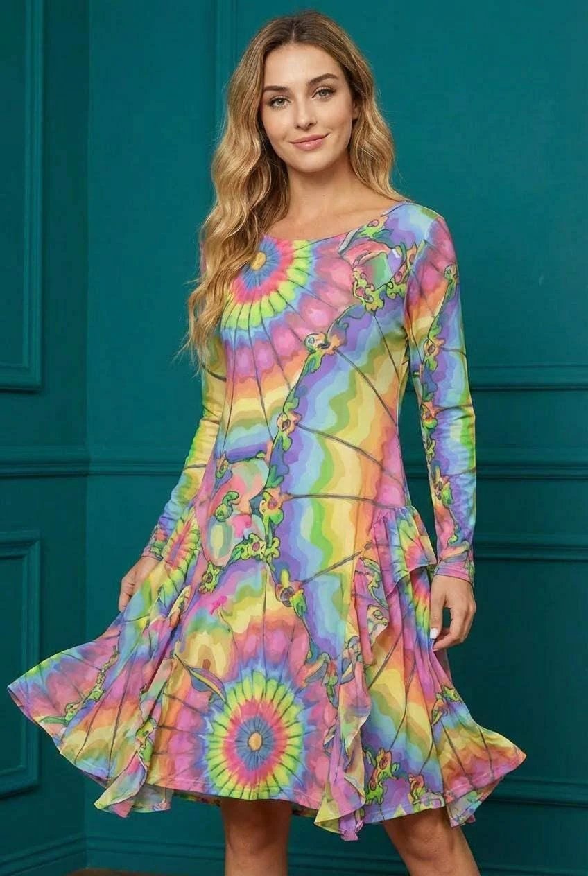 Tie-Dye Cotton Midi Dress - Radial Pastel Long Sleeve Boho Gown