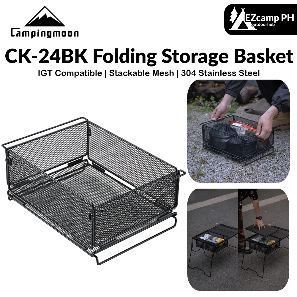 Campingmoon CK-24BK Folding Storage Basket IGT Compatible Tray Stackable Mesh Open Net Equipment 1-Unit IGT Table Accessories Add-on