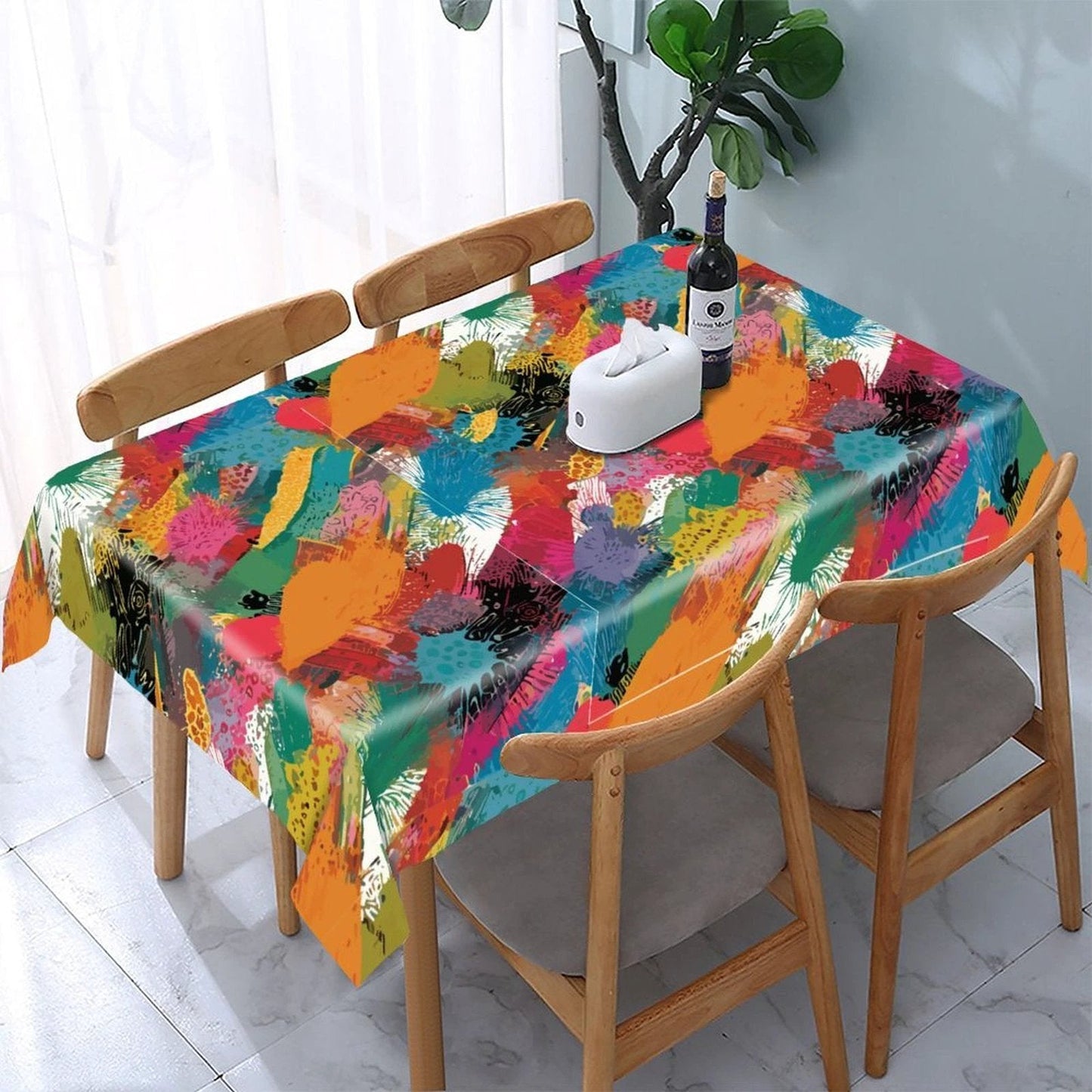 Painted Camo Tablecloth — Warm Multicolor Brush-Dab AOP Rectangular Table Cover, Maximalist Dining Decor