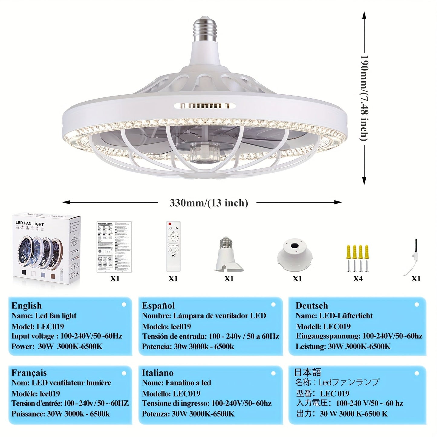 Ceiling Fan with Light & Remote, E26/E27 Base, 3 Speeds – TJR9T3W
