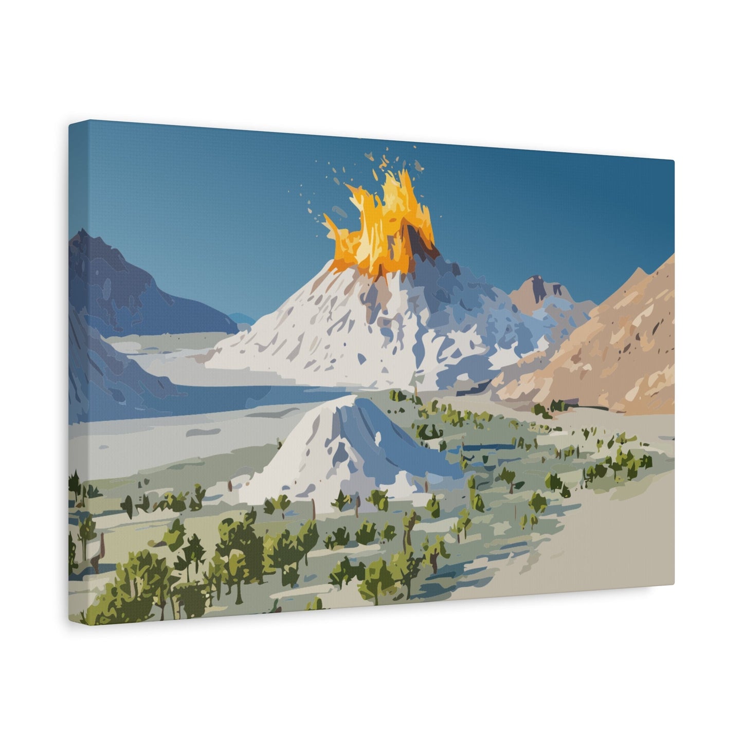 Tropical Volcano Eruption Canvas Wall Art | Stylized National-Park Vector Print on FSC-Certified Stretched Matte Canvas — Mystery Island Decor