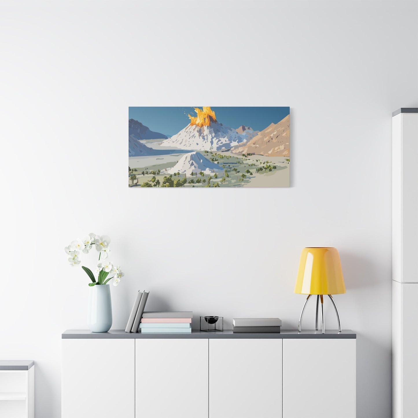 Tropical Volcano Eruption Canvas Wall Art | Stylized National-Park Vector Print on FSC-Certified Stretched Matte Canvas — Mystery Island Decor