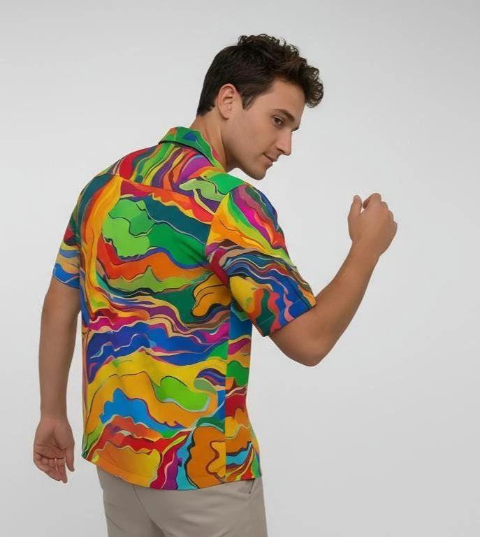 Psychedelic Swirl Camp Shirt - Vibrant Maximalist Hawaiian Shirt for Summer Festivals