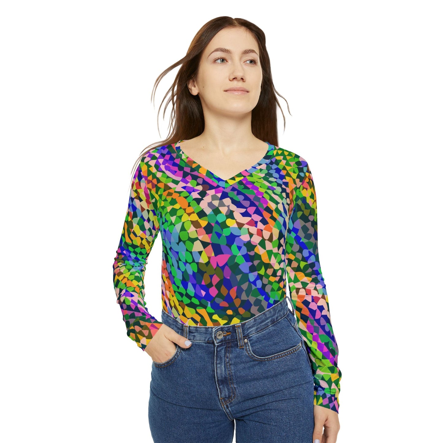 Vibrant AOP Long Sleeve V-Neck for Glow-Up Self-Expressers — Women's Bold Print Tee, Confidence-Led Statement Top, Everyday Maximalist Shirt