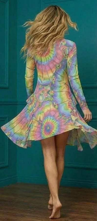 Tie-Dye Cotton Midi Dress - Radial Pastel Long Sleeve Boho Gown